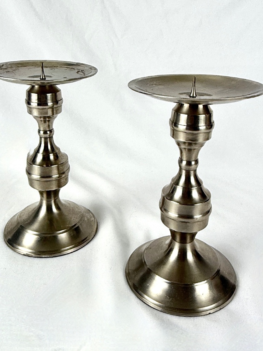 Pair Vintage Metal Pricket Candlesticks Two Pewter Like Pillar Candle Holders
